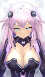  1girl absurdres bimmy blue_eyes breasts choujigen_game_neptune cleavage closed_mouth frown highres large_breasts long_hair looking_at_viewer neptune_(neptune_series) neptune_(series) purple_hair purple_heart simple_background solo upper_body white_background 
