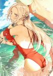  1girl ass back bangs bare_shoulders blush breasts cape casual_one-piece_swimsuit closed_mouth edelgard_von_hresvelg embarrassed fire_emblem fire_emblem:_three_houses fire_emblem_heroes hair_ornament hair_ribbon long_hair looking_at_viewer mueririko one-piece_swimsuit purple_eyes ribbon sideboob solo swimsuit tight umbrella water white_hair 