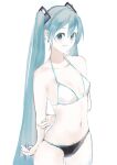  1girl absurdres arms_behind_back bangs bare_legs bare_shoulders bikini bikini_top_only black_bikini blue_eyes blue_hair breasts cleavage closed_mouth collarbone cowboy_shot hair_between_eyes hair_ornament hatsune_miku highres long_hair looking_at_viewer mismatched_bikini navel potetoneko sketch small_breasts smile solo swimsuit twintails very_long_hair vocaloid white_background white_bikini 