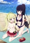  2girls absurdres applying_sunscreen bangs barefoot beach beach_towel bikini bikini_skirt bikini_top_removed black_hair blonde_hair blue_sky blunt_bangs blunt_ends bottle breast_hold breasts character_request cleavage cloud collarbone covering covering_breasts cream day grin highres holding holding_bottle jashin-chan_dropkick kneehighs long_hair looking_at_another lotion medium_breasts megami_magazine multiple_girls navel ocean official_art open_mouth outdoors pointy_ears ponytail red_bikini red_eyes red_skirt scan sidelocks sitting skirt sky smile socks stomach summer sunscreen swimsuit tiara topless towel twintails wariza 
