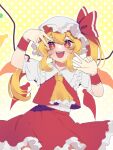  +_+ 1girl :d absurdres ascot blonde_hair double_v flandre_scarlet hat highres looking_at_viewer mob_cap open_mouth outer_glow patterned_background polka_dot red_eyes sakikagami skirt smile solo touhou v wings 