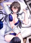  1girl absurdres ahoge arms_up azur_lane baltimore_(after-school_ace)_(azur_lane) baltimore_(azur_lane) black_choker black_skirt bra braid brown_hair choker collared_shirt french_braid front-hook_bra highres misono_chiaki necktie official_alternate_costume on_bed open_bra panties partially_unbuttoned pillow purple_bra purple_panties shirt shoes shoes_removed short_hair skirt skirt_removed solo underwear white_shirt yellow_eyes 