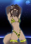  2022 anthro bikini bikini_bottom bikini_top black_bikini black_clothing black_nose black_swimwear bracelet breasts brown_body brown_eyes brown_fur brown_hair chest_tuft cleavage clothed clothing cosmic_background digital_media_(artwork) female flat_colors fur ghostwolf gulonine hair hands_behind_head hazard_symbol jewelry legband mae_(ghostwolf) mammal mustelid musteline navel pattern_bikini pattern_clothing pattern_swimwear signature skimpy smile solo starry_background striped_bikini striped_clothing striped_swimwear stripes stripper swimwear tuft two_tone_bikini under_boob wolverine yellow_bikini yellow_clothing yellow_swimwear 