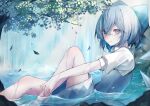  1girl :/ bare_legs blue_bow blue_dress blue_eyes blue_hair blush bow cirno closed_mouth collared_shirt commentary detached_wings dress falling_leaves from_side hair_between_eyes hair_bow hand_on_own_leg highres ice ice_wings leaf light_rays looking_at_viewer looking_to_the_side medium_hair murumuru_(pixiv51689952) partially_submerged puffy_short_sleeves puffy_sleeves ripples shirt short_sleeves solo touhou tree water water_drop waterfall wet wet_clothes wet_hair white_shirt wings 