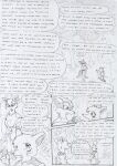  anthro black_and_white canid canine clothing comic dialogue duo english_text female forest grass jacket kangaroo kitfox-crimson macropod male mammal marsupial monochrome nature nature_background novus_(kitfox-crimson) plant sketch text topwear tree 