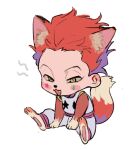  1boy :3 animal_ear_fluff animal_ears animal_feet animal_hands bare_arms bare_shoulders barefoot body_fur chibi extra_ears facial_mark fang fox_boy fox_ears fox_tail furrification furry furry_male half-closed_eyes hisoka_morow hunter_x_hunter male_focus open_mouth pants qin_(7833198) red_hair sash short_hair simple_background sitting sleeveless snout soles solo star_(symbol) star_print tail white_background yellow_eyes 