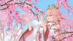  1girl animal_ears blue_sky blurry branch breasts closed_eyes cloud day depth_of_field detached_sleeves earrings flower fox_ears gem genshin_impact hair_between_eyes hair_flaps hands_up headgear highres japanese_clothes jewelry large_breasts long_hair nature outdoors outstretched_arms parted_lips petals pink_flower pink_hair purple_gemstone red_nails ribbon-trimmed_sleeves ribbon_trim sideboob sky smile solo spring_(season) turtleneck upper_body wide_sleeves xiao_chai_bao yae_miko 