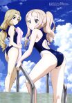  2girls absurdres ass bare_arms bare_legs blonde_hair blue_sky blue_swimsuit closed_mouth cloud competition_swimsuit day drill_hair girls_und_panzer green_eyes highres itou_takeshi kay_(girls_und_panzer) long_hair looking_at_viewer marie_(girls_und_panzer) megami_magazine multiple_girls official_art one-piece_swimsuit outdoors parted_lips pool_ladder scan sidelocks sky smile standing summer swimsuit thighs 