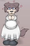  anthro beastars belly big_belly big_breasts breasts canid canine canis cleavage cleavage_cutout clothed clothing digital_media_(artwork) female foxball fur happy hi_res juno_(beastars) keyhole_turtleneck looking_at_viewer mammal simple_background smile solo sweater topwear wolf 