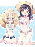  2girls bikini bikini_skirt black_hair blonde_hair blue_eyes blush breasts brown_eyes daichi_(jashin-chan_dropkick) drink embarrassed frilled_bikini frills hat highres jashin-chan_dropkick lierre looking_at_viewer multiple_girls navel official_art open_mouth short_hair small_breasts smile straw_hat swimsuit white_bikini yukiwo 