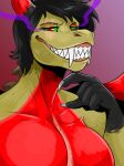  anthro big_fangs black_body black_hair black_horn dragon eyelashes female glistening glistening_hair gloves_(marking) green_body green_sclera grin hair hi_res horn imperatorcaesar looking_at_viewer markings multicolored_horn narrowed_eyes red_body red_breasts red_eyes red_horn sharp_teeth smile solo teeth two_tone_horn 