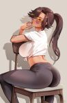  1girl alma_(foxyreine) artist_name ass black_pants breasts brown_hair commentary foxyreine from_behind hands_up highres large_breasts long_hair looking_at_viewer looking_back midriff nail_polish on_chair original pants patreon_logo ponytail purple_nails shadow shirt sitting sitting_backwards solo sunglasses tied_shirt white_shirt yellow-framed_eyewear yellow_eyes 