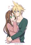  1boy 1girl 2016 aerith_gainsborough blonde_hair blue_eyes blush brown_hair cardigan closed_mouth cloud_strife couple cropped_torso dated earrings final_fantasy final_fantasy_vii green_cardigan green_eyes hair_intakes heart hetero hug jewelry krudears long_hair long_sleeves looking_at_another pink_sweater shadow simple_background sleeves_past_wrists spiked_hair sweater twitter_username upper_body very_long_hair white_background 