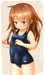  1girl blue_swimsuit breasts brown_eyes brown_hair cowboy_shot eyewear_removed kantai_collection long_hair mochizuki_(kancolle) old_school_swimsuit one-hour_drawing_challenge ray.s red-framed_eyewear school_swimsuit small_breasts solo standing swimsuit 