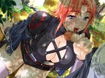  breasts censored eyebrows_visible_through_hair handjob hetero komine_natsuko large_breasts licking mosaic_censoring ninja nipples one_boku open_mouth outdoors penis purple_eyes red_hair saliva sitting skyhouse solo_focus sweat thighhighs 