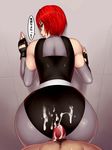  1girl ass ass_focus bare_shoulders black_bodysuit bodysuit brown_eyes buttjob censored cum cum_on_ass dino_crisis elbow_gloves fingerless_gloves gloves hetero huge_ass latex looking_back penis pov pov_crotch red_hair regina sawao shiny shiny_clothes short_hair skin_tight solo_focus translated 