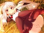  albino antenna_hair anus blush censored choco_chip dutch_angle earrings feet game_cg grass japanese_clothes jewelry kagami_tsukimi knees_on_chest lying mosaic_censoring no_panties on_back outdoors pussy red_eyes sara_sara_sasara smile solo sunset thighhighs toes white_hair 