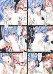  2girls angry biting blue_eyes blush boots breasts censored comic_hotmilk fellatio foreskin foreskin_biting glasses group_sex hetero highres long_hair medium_breasts multiple_girls oral penis purple_eyes pushing red-framed_eyewear red_hair satou_shouji sex short_hair slapping_with_penis the_milkcup threesome tongue translated 