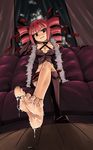  barefoot breasts cleavage crossed_legs cum cum_on_body cum_on_lower_body dark_hunter drill_hair feet grin large_breasts minami_juujisei pov_feet red_hair sekaiju_no_meikyuu shoes single_shoe sitting smile soles solo toes 