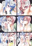  2girls blue_eyes blush breast_press breasts bursting_breasts censored cleavage comic_hotmilk cum cum_in_cup cum_in_mouth cum_on_tongue cup facial fellatio glasses gokkun group_sex hetero highres large_breasts multiple_fellatio multiple_girls one_eye_closed oral penis red-framed_eyewear satou_shouji sex teamwork the_milkcup threesome tongue translated 