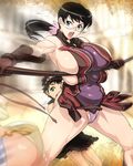  1girl age_difference black_hair blue_eyes breast_press breasts cattleya glasses highres huge_breasts legs long_hair menace mother_and_son muscle panties pantyshot ponytail queen's_blade rana sideboob thighs underwear usatarou 