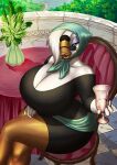  anatid anseriform anserinae anthro avian big_breasts bird breasts chochi cleavage clothed clothing crossed_legs female goose hair hair_over_eye hi_res huge_breasts mature_female one_eye_obstructed sitting solo 