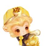  19820920hg 1boy balancing black_scarf blonde_hair chibi chin_strap circlet clothes_writing colored_eyelashes crescent derivative_work furry furry_male hat highres journey_to_the_west journey_to_the_west_(1986_tv_series) leaning_forward long_sleeves looking_away looking_to_the_side monkey_boy orange_eyes pole scarf screencap_redraw shirt solo sun_wukong upper_body weapon weapon_on_back yellow_headwear yellow_shirt yellow_theme 