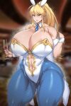  1girl abs absurdres ahoge animal_ears areola_slip armpit_hair artoria_pendragon_(fate) artoria_pendragon_(swimsuit_ruler)_(fate) ass_visible_through_thighs bangs bare_shoulders blonde_hair blue_necktie blurry blurry_background braid breasts cleavage clothing_cutout cross_print cup depth_of_field detached_collar drinking_glass fake_animal_ears fate/grand_order fate_(series) feather_boa female_pubic_hair fishnet_legwear fishnets gigantic_breasts gold_trim green_eyes hair_between_eyes highleg highleg_leotard highres holding holding_cup impossible_clothes impossible_leotard leotard long_hair looking_at_viewer muscular muscular_female natedecock navel navel_cutout navel_hair necktie off_shoulder pantyhose playboy_bunny ponytail pubic_hair rabbit_ears sidelocks solo thick_lips thighs white_leotard wide_hips wine_glass wrist_cuffs 