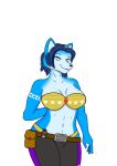  big_breasts blue_body blue_fur blue_hair breasts canid canine clothed clothing female fox fur hair krystal looking_at_viewer mammal nintendo smile solo star_fox undressing unknown_artist video_games wide_hips 