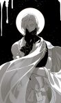  1boy aechmea_(houseki_no_kuni) animal animal_hug armlet bangle bracelet covered_mouth eyelashes facing_viewer goat greyscale halo hand_up holding holding_animal houseki_no_kuni jewelry male_focus mole mole_under_eye monochrome navel robe saiko67 see-through shawl short_hair sky star_(sky) starry_sky toned toned_male upper_body 