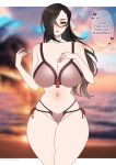  1girl absurdres bare_shoulders bikini black_hair blurry blurry_background blush braid breasts brown_eyes cleavage cryptid_crab curvy fern fire_emblem fire_emblem_fates french_braid hair_over_one_eye hair_ribbon highres kagero_(fire_emblem) large_breasts long_hair multi-strapped_bikini ribbon shore solo swimsuit thighs water 