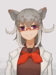  1girl animal_ears babirusa_(kemono_friends) bangs brown_shirt commentary_request don3 extra_ears glasses grey_hair kemono_friends labcoat light_brown_hair looking_at_viewer medium_hair multicolored_hair neckerchief pig_ears purple_eyes red_neckerchief shirt smile solo upper_body white_hair 