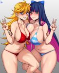  2girls absurdres ahoge alternate_breast_size arm_around_shoulder asymmetrical_docking bare_shoulders bikini black_nails blonde_hair blue_hair bow breast_press breasts colored_inner_hair covered_nipples english_commentary grey_background hair_bow highres huge_breasts jmg large_breasts long_hair multicolored_hair multiple_girls naughty_face navel panty_&amp;_stocking_with_garterbelt panty_(psg) pink_hair plump red_bikini red_nails siblings sisters smirk stocking_(psg) striped striped_bikini swimsuit 