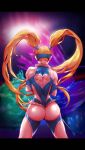  1girl ass back_cutout bare_shoulders blue_leotard clothing_cutout commentary_request frills from_behind gradient gradient_background heart_cutout highleg highleg_leotard kuo_chun_yu leotard long_hair rainbow_mika simple_background sleeveless street_fighter street_fighter_v thighs twintails wrestling_outfit 