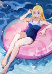  1girl absurdres bad_anatomy bad_feet bare_arms bare_legs bare_shoulders barefoot blonde_hair blue_eyes blue_swimsuit commentary competition_swimsuit day full_body highres inflatable_raft kofune_ushio long_hair looking_at_viewer one-piece_swimsuit open_mouth school_swimsuit signature sitting smile solo summertime_render swimsuit symbol-only_commentary water yaxiang 