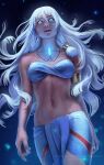  1girl atlantis:_the_lost_empire bangs blue_background breasts cowboy_shot earrings floating_hair glowing glowing_eyes gradient gradient_background highres jewelry kidagakash long_hair medium_breasts midriff navel necklace parted_lips single_earring solo strapless tube_top very_long_hair white_hair zarory 