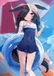  1girl :o agaki_anko alternate_hairstyle animal_ears bangs bare_shoulders beach_umbrella black_hair blue_swimsuit blurry blush collarbone covered_navel ears_down feet_out_of_frame flower frilled_swimsuit frills hair_flower hair_ornament hair_over_one_eye halter_top halterneck hand_up hibiscus highres holding holding_innertube horse_ears horse_girl horse_tail innertube long_hair looking_at_viewer low_twintails one-piece_swimsuit one_eye_covered open_mouth outdoors parted_bangs purple_eyes red_flower rice_shower_(umamusume) sidelocks solo standing swept_bangs swimsuit tail twintails umamusume umbrella wet 