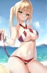  1girl absurdres arm_behind_back bangs bare_shoulders beach bikini blonde_hair blue_sky blush bracelet breasts chinese_commentary cleavage closed_mouth collarbone earrings fate/grand_order fate_(series) feet_out_of_frame green_eyes highres jewelry large_breasts long_hair looking_at_viewer navel nero_claudius_(fate) nero_claudius_(swimsuit_caster)_(fate) official_alternate_costume on_floor red_bikini red_swimsuit side_ponytail sidelocks sky smile solo stomach sweatdrop swimsuit thighs underboob yanwulazy 