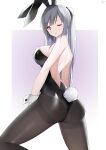  1girl absurdres ak-12_(girls&#039;_frontline) alternate_costume animal_ears artificial_eye ass bangs bare_back bare_shoulders black_leotard black_pantyhose breasts chinese_commentary closed_mouth fake_animal_ears feet_out_of_frame from_side girls&#039;_frontline grey_hair hair_ribbon highres large_breasts leotard light_blush long_hair looking_at_viewer looking_to_the_side mechanical_eye one_eye_closed pantyhose parted_lips playboy_bunny ponytail purple_eyes rabbit_ears rabbit_tail ribbon shiny shiny_hair sideboob sidelocks simple_background smile solo standing tail thighs white_background white_wrist_cuffs wrist_cuffs yanwulazy 