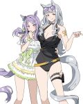  2girls absurdres animal_ears arm_around_shoulder arm_tattoo bangs belt black_swimsuit blush breasts casual_one-piece_swimsuit cleavage closed_mouth dress eyewear_on_head feet_out_of_frame gold_ship_(run_revolt_launcher)_(umamusume) gold_ship_(umamusume) grey_hair hand_up highres holster horse_ears horse_girl horse_tail looking_at_viewer medium_breasts mejiro_mcqueen_(ripple_fairlady)_(umamusume) mejiro_mcqueen_(umamusume) multiple_girls off-shoulder_dress off_shoulder one-piece_swimsuit purple_eyes purple_hair red_eyes simple_background smile standing sunglasses swimsuit tail tattoo thigh_holster thigh_strap tongue tongue_out umamusume unneul white_background white_dress 