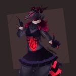  anthro black_body black_clothing black_sclera bottomwear bovid breasts caprine cheerleader_outfit clothing colored_nails cuff_(restraint) curved_horn demon female gesture glowing glowing_eyes goat handcuffs hi_res horn insatian_(retrospecter) looking_at_viewer mammal metal_cuffs multicolored_body multicolored_tail nails navel pointing pointing_up red_eyes red_nails restraints sharax skirt small_breasts solo watermark wide_hips 