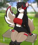  absurd_res anthro arms_by_side bench big_breasts big_butt big_tail black_body black_fur black_hair blushbrush bottomwear breasts brown_body brown_fur butt canid canine cheek_tuft clothing colored_nails crop_top facial_tuft fangs female fluffy fluffy_chest fluffy_ears fox fur glistening glistening_body glistening_clothing glistening_eyes glistening_skin grass hair happy hi_res jacket leather leather_clothing leather_jacket leather_topwear leg_markings looking_at_viewer mammal markings multicolored_body multicolored_fur nails neck_tuft outside park park_bench plant raised_tail red_body red_eyes red_fur red_hair_tips shirt shorts sitting smile solo squish tail_motion thick_thighs thigh_markings thigh_squish topwear tree tuft white_body white_fur wide_hips 