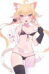  1girl absurdres animal_ears asymmetrical_gloves asymmetrical_legwear bandaged_tail bangs bikini bikini_pull black_bikini black_gloves black_thighhighs blonde_hair bow breasts cat_ears cat_tail clothes_pull commission gloves hair_bow hands_up highres long_hair looking_at_viewer natsu-no-kamisama open_mouth original pink_eyes skeb_commission small_breasts solo swimsuit tail thighhighs twintails very_long_hair white_gloves white_thighhighs 