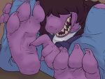  absurd_res bodily_fluids bottomwear claws close-up clothing deltarune denim denim_clothing feet female foot_fetish foot_focus hair hair_over_eyes hi_res jeans monster open_mouth pants paws saliva saliva_string solo susie_(deltarune) teddypaws teeth teeth_showing tickling toe_claws undertale undertale_(series) video_games 