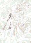  1boy 1other aechmea_(houseki_no_kuni) arm_at_side armlet beads blank_eyes bodysuit bracelet cairngorm_(houseki_no_kuni) couple dark_skin earrings eyelashes floating_clothes flower hand_up height_difference high_collar holding holding_hands holding_weapon houseki_no_kuni jewelry layered_clothes long_hair long_sleeves mask navel neck_ring no_eyes no_nipples pale_skin petals ring robe saiko67 see-through short_hair side-by-side smile sparkle third_eye toned toned_male weapon white_hair wide_sleeves 
