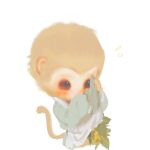  1boy blush chibi clothes_lift covered_mouth covering_face cropped_torso flying_sweatdrops furry furry_male grey_robe hands_up herb journey_to_the_west journey_to_the_west_(1986_tv_series) leaf lifted_by_self long_sleeves mian_lang monkey_boy monkey_tail robe robe_lift shy simple_background sleeves_past_fingers sleeves_past_wrists solo sun_wukong tail upper_body white_background younger 