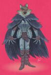  2022 anthro armor blaidd_(elden_ring) boots breastplate canid canine canis cloak clothed clothing cosplay crossover crossover_cosplay dreamworks elden_ring facial_scar footwear fromsoftware fully_clothed gauntlets gloves greaves handwear hi_res looking_at_viewer male mammal mr._wolf_(the_bad_guys) red_background scar simple_background smile solo standing tassets the_bad_guys video_games wolf wolftang yellow_eyes 