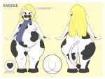  2022 absurd_res belly big_belly big_butt black_eyes blonde_hair border bovid bovine breasts butt cattle cutaway english_text fan_character foreskin front_view genitals gynomorph hair hi_res horn huge_butt intersex mammal mcerror model_sheet mostly_nude navel nipples overweight penis rear_view scarf scarf_only simple_background small_breasts small_penis snessie_(nya4) standing text thick_thighs trans_(lore) trans_woman_(lore) unretracted_foreskin white_border wide_hips yellow_background 