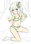  1girl :o bangs bare_shoulders bed_sheet blush bow bow_bra bow_panties bra breasts curtains flower-shaped_pupils full_body genshin_impact green_bra green_eyes green_hair green_panties hair_between_eyes hair_ornament hands_up highres long_hair multicolored_hair nahida_(genshin_impact) navel no_shoes panties parted_lips pointy_ears sakuraba_hikaru_(loveindog) side_ponytail simple_background small_breasts socks solo streaked_hair symbol-shaped_pupils underwear underwear_only white_background white_hair 