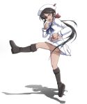  1girl acchan bangs black_eyes black_hair black_neckerchief blouse boots bow clenched_hands commentary dark-skinned_female dark_skin dixie_cup_hat flying_kick frown girls_und_panzer hair_bow hair_over_one_eye hat hat_feather jumping kicking knee_boots long_hair long_sleeves looking_at_viewer midriff military_hat miniskirt navel neckerchief ogin_(girls_und_panzer) ooarai_naval_school_uniform open_mouth pleated_skirt ponytail red_bow sailor sailor_collar school_uniform shadow shirt simple_background skirt solo street_fighter tatsumaki_senpuukyaku white_background white_headwear white_shirt white_skirt 